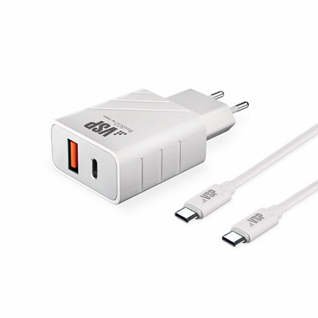 Сетевое зарядное устройство Power Delivery + QC 3.0, 18W, + Дата-кабель Type-C – Type-C, 3А,1м,бел